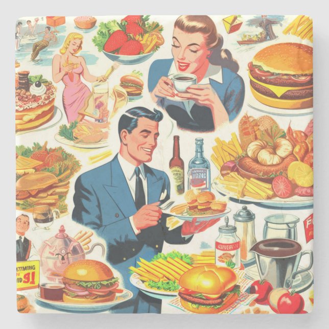 Vintage 1950s Food Comics Illustration Stone Coaster (Front)