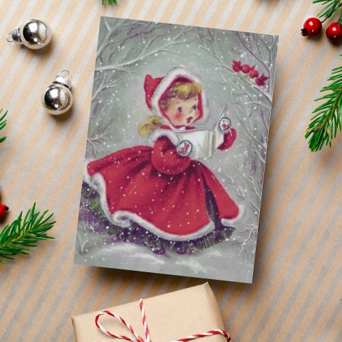 Vintage 1950s Girl in Snow with Birds Christmas Card