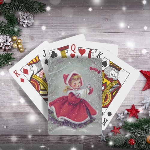 Vintage 1950s Girl in Snow with Birds Christmas Poker Cards