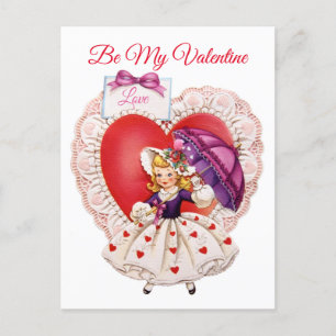 Vintage 1950's Little Girl & Umbrella Valentine Postcard