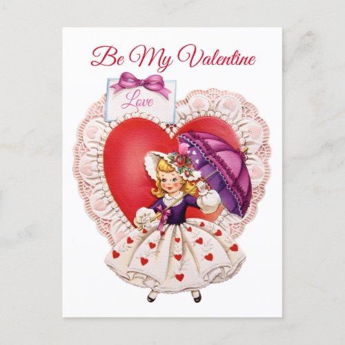 Vintage 1950s Little Girl  Umbrella Valentine Postcard