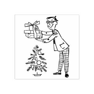 Vintage 1950s Man with Presents and Christmas Tree Rubber Stamp