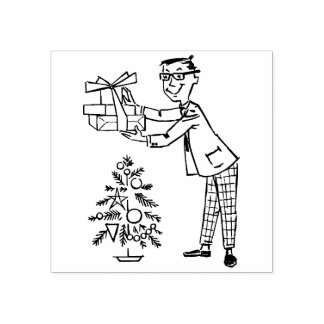 Vintage 1950s Man with Presents and Christmas Tree Rubber Stamp