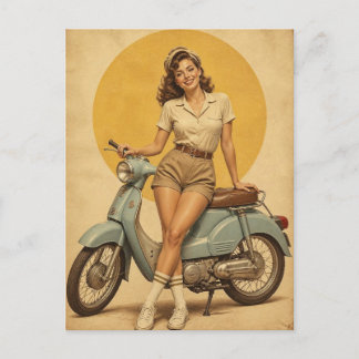 Vintage 1950s Pin-Up Girl on Retro Blue Moped Postcard
