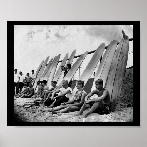 Vintage 1950s Surfers Lined Up On Beach Poster