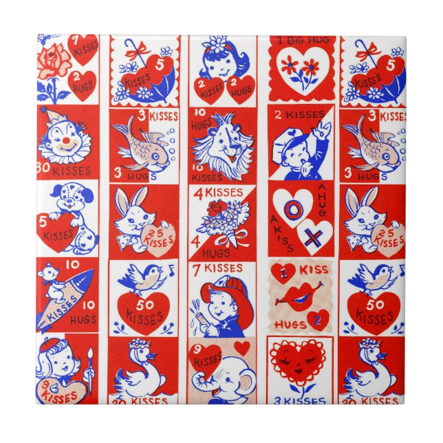 Vintage 1950s Valentine Stamp Pattern Retro Kitsch Ceramic Tile (Front)