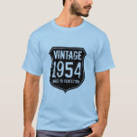 Vintage 1954 aged to perfection tee shirt for men<br><div class="desc">Vintage 1954 aged to perfection t shirt for men. Old road sign design. Shield emblem with birth year date. Personalizable year number. Cool 60th Birthday gift idea for dad, husband, uncle, grandpa, brother etc. Manly black and light blue colors with distressed look letters. Age humor / Over the hill joke...</div>