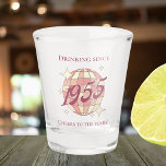 Vintage 1955 70th birthday retro purple  shot glass<br><div class="desc">Shotglass for a 70th birthday! A disco ball,  with a splash of light pink tones and a groovy vintage "1955" script as well as customizable text.</div>