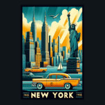 Vintage 1955 New York City Skyline Poster<br><div class="desc">• This vibrant, retro-style poster celebrates the iconic New York City, featuring the Statue of Liberty, the towering Empire State Building, and classic yellow taxis cruising along the waterfront. The artwork uses bold, warm colors to highlight the city's dynamic skyline, with rays of light streaming through the sky, adding an...</div>