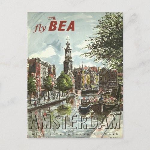 Vintage 1956 Fly BEA Amsterdam UK Travel Postcard