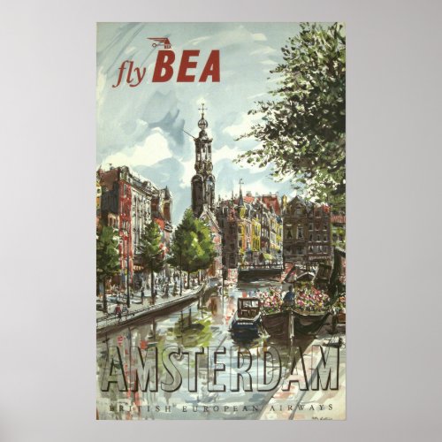 Vintage 1956 Fly BEA Amsterdam UK Travel Poster