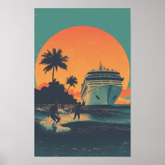 Vintage 1970s Cruise Ship Sunset Poster – Retro Tr (Front)