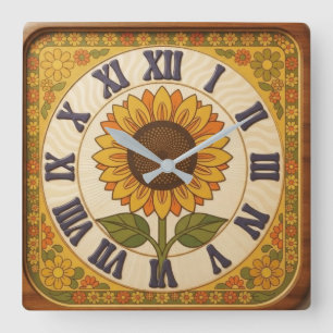 Vintage 1970s Sunflower Wooden Psychedelic Daisy Square Wall Clock
