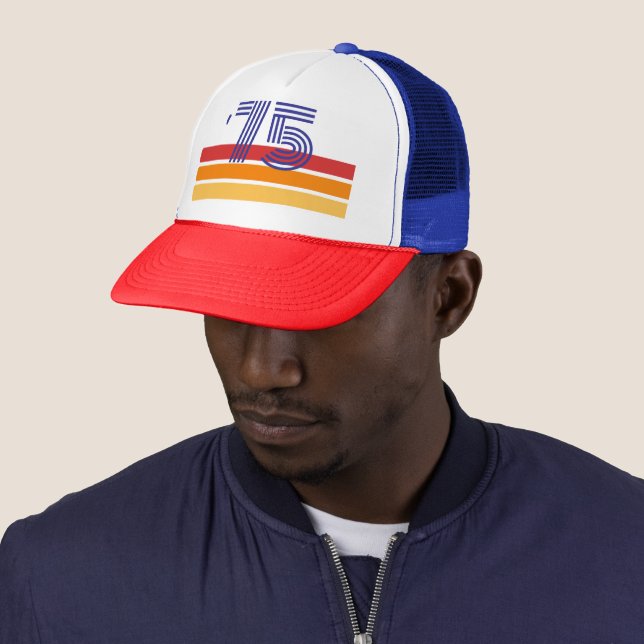 Vintage 1975 Retro Stripe Sun 50th Birthday Trucker Hat (In Situ)