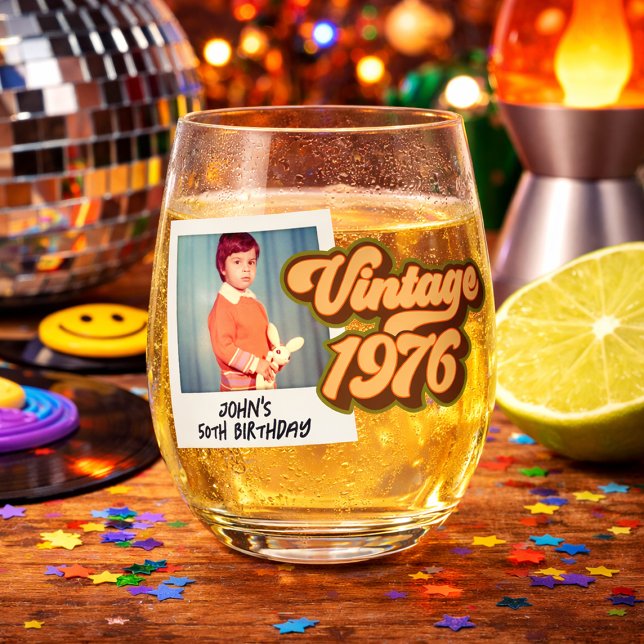 Vintage 1976 50th Birthday Photo  Stemless Wine Glass (Vintage 1976 50th Birthday Photo Stemless Wine Glass)