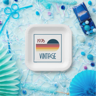 Vintage 1976 Retro Stripe Sun 50th Birthday Paper Plates