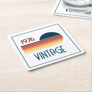 Vintage 1976 Retro Stripe Sun 50th Birthday Square Paper Coaster
