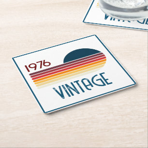Vintage 1976 Retro Stripe Sun 50th Birthday Square Paper Coaster
