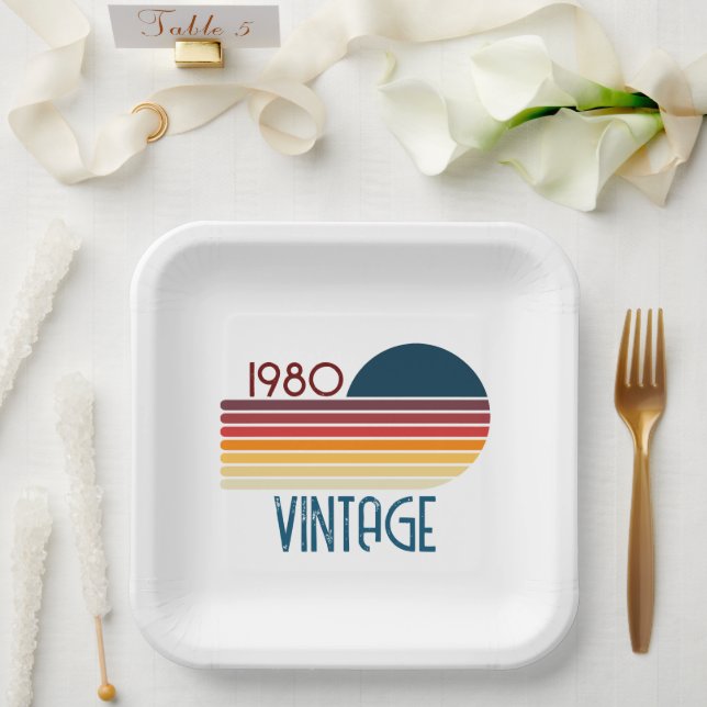 Vintage 1980 Retro Stripe Sun Paper Plates (Wedding)