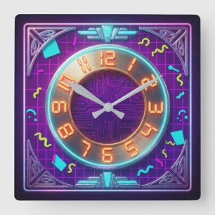 Vintage 1980s Synthwave Neon Retro Cyberpunk Square Wall Clock