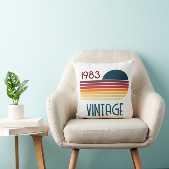 Vintage 1983 Retro Stripe Sun Throw Pillow (Chair)