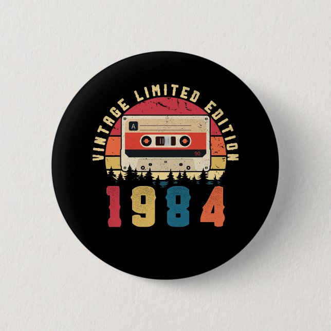 Vintage 1984 Birthday Cassette Tape Button (Front)