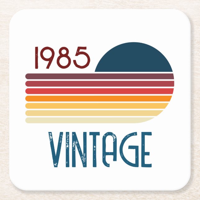 Vintage 1985 Retro Stripe Sun Square Paper Coaster (Front)