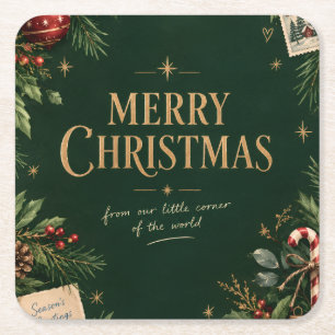Vintage 1990s Christmas, Retro Family Holiday Square Paper Coaster