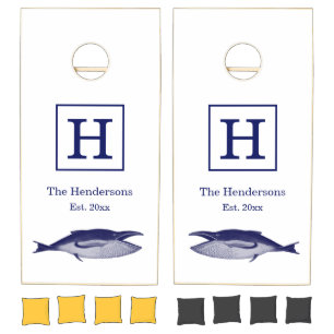 Vintage 19th Century Blue Whale Drawing Cornhole Set