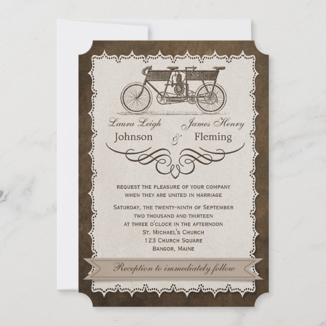Vintage 19th Century Tandem Bicycle Wedding Invite (Front)