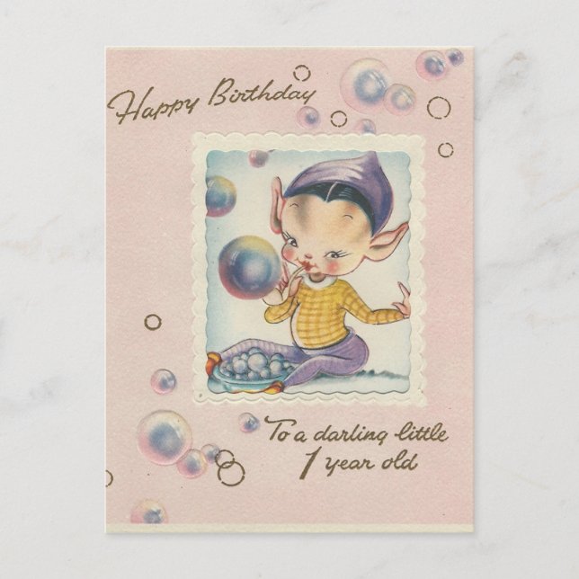 Vintage "1 Year Old" Happy Birthday Elf Postcard (Front)