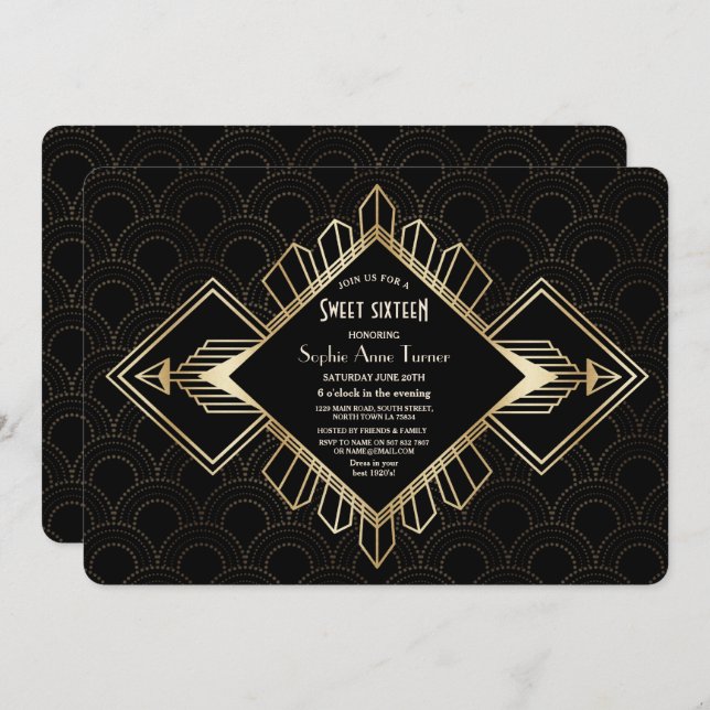Vintage 20s Gold Black Great Gatsby Sweet Sixteen Invitation (Front/Back)