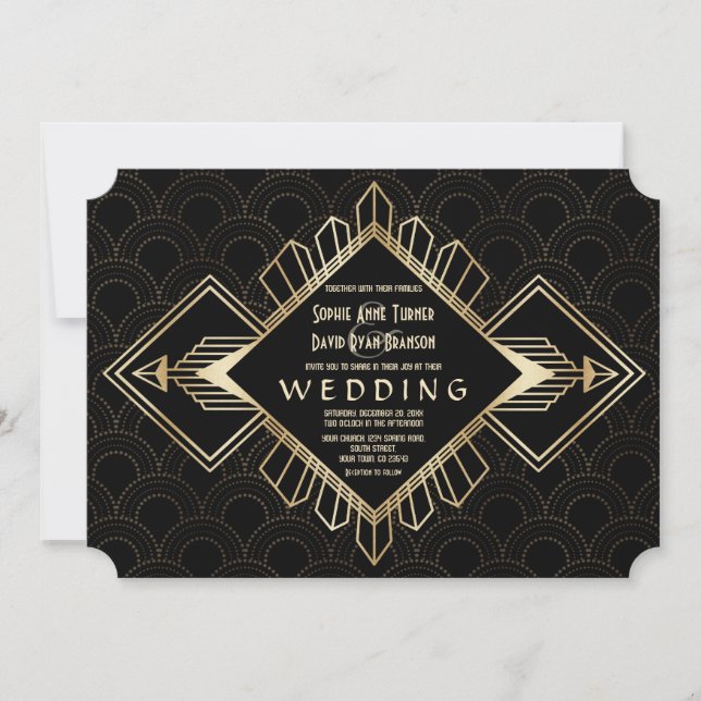 Vintage 20s Gold Black Great Gatsby Wedding Invitation (Front)