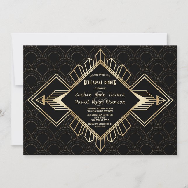 Vintage 20s Gold Great Gatsby Rehearsal Dinner Invitation (Front)