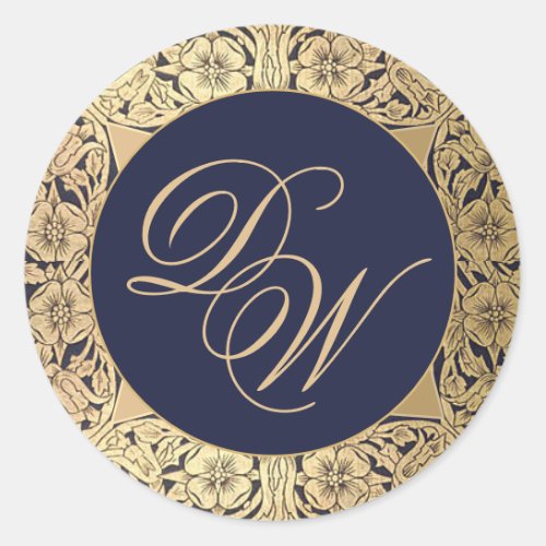 Vintage 2 Initials Monogram Navy Blue Gold Roses  Classic Round Sticker