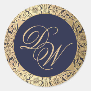 Vintage 2 Initials Monogram Navy Blue Gold Roses Classic Round Sticker
