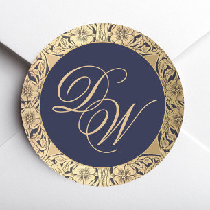 Vintage 2 Initials Monogram Navy Blue Gold Roses Classic Round Sticker