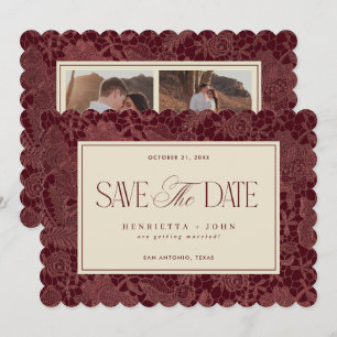 Vintage 2 Photo Burgundy Lace Scalloped Horizontal Save The Date