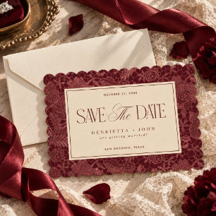 Vintage 2 Photo Burgundy Lace Scalloped Horizontal Save The Date