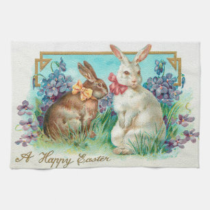 Vintage 2 Rabbits Easter Eggs Holiday Kitchen Towel