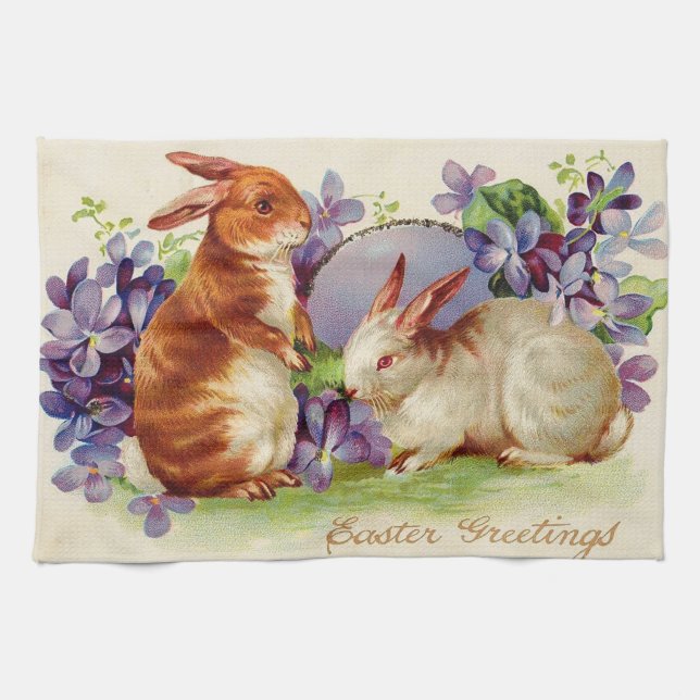 Vintage 2 Rabbits Easter Holiday Kitchen Towel (Horizontal)