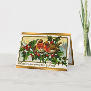 Vintage 2 Robins And Christmas Mistletoe Holiday Card