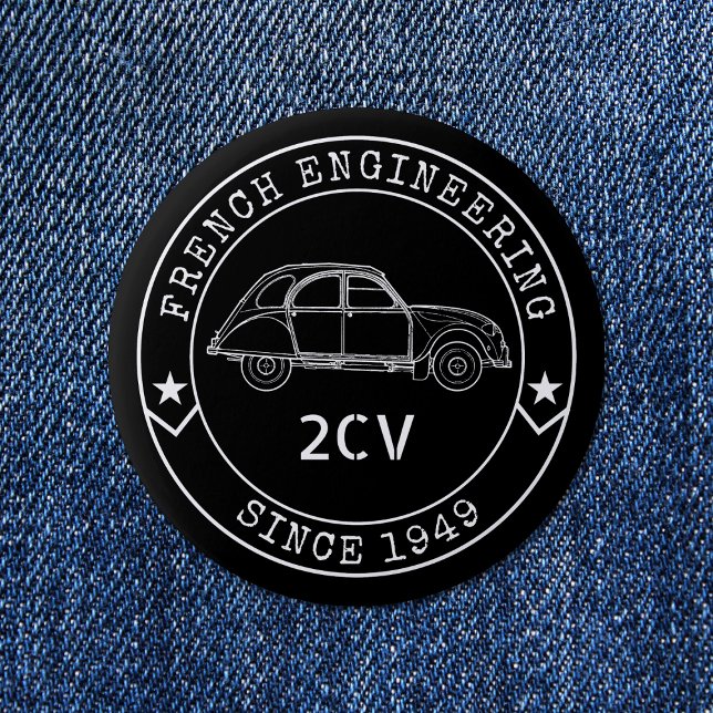 Vintage 2CV Oldtimer Badge Engineering Excellence Button (2CV Button in Black with a White Badge Text Design and and Illustration of the Deux Chevaux )