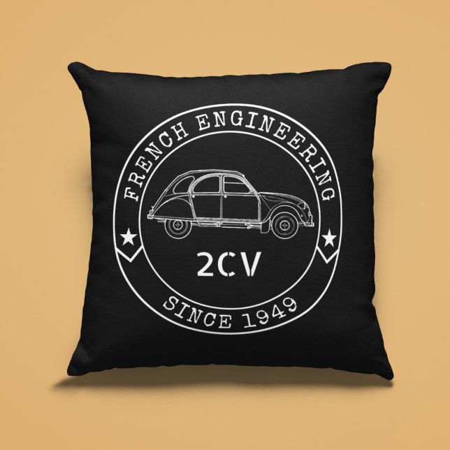 Vintage 2CV Oldtimer Badge Engineering Excellence Throw Pillow (2CV Pillow in Black with a White Badge Text Design and and Illustration of the Deux Chevaux )