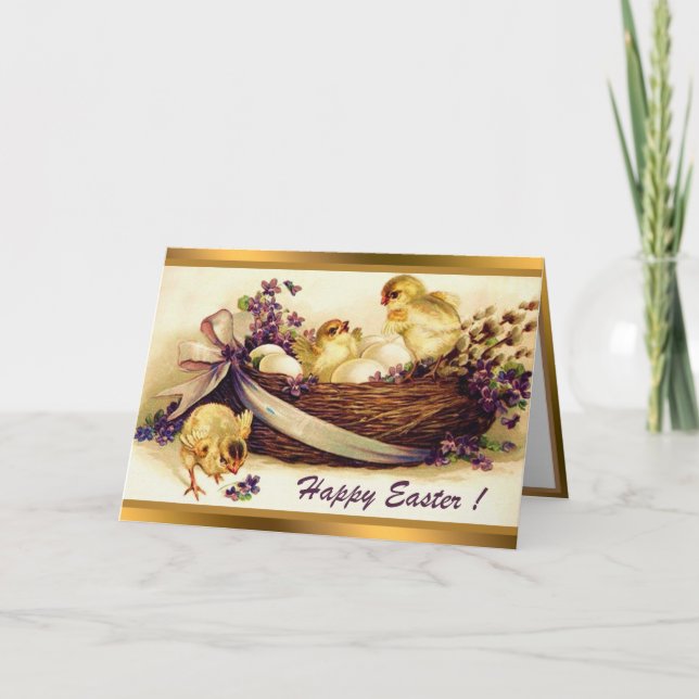 Vintage 3 Chickens And Eggs Easter Folded Cards (Front)