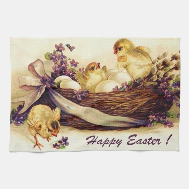 Vintage 3 Chickens And Eggs Easter Kitchen Towel (Horizontal)