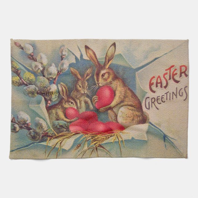 Vintage 3 Rabbits Easter Holiday Kitchen Towel (Horizontal)