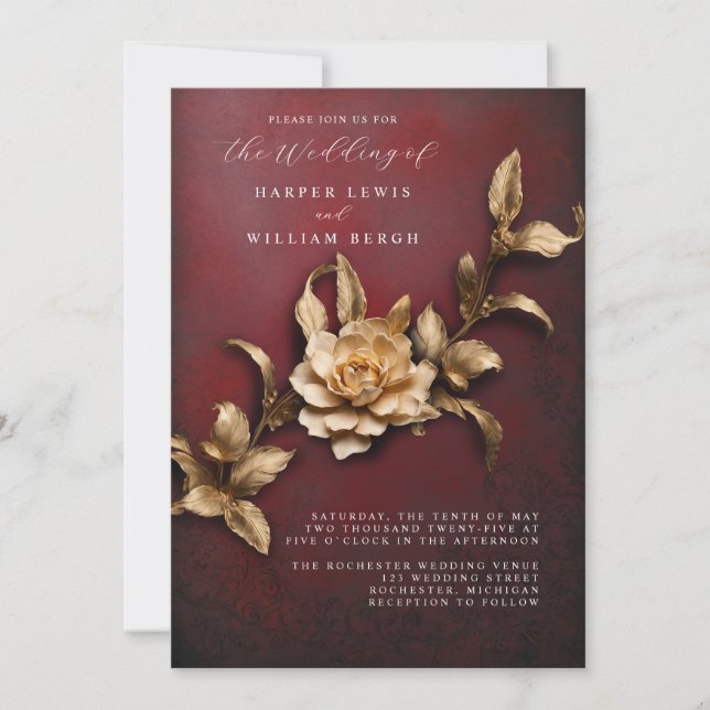 vintage 3d gold foliage qr code wedding invitation (Front)