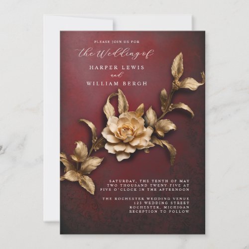 vintage 3d gold foliage qr code wedding invitation