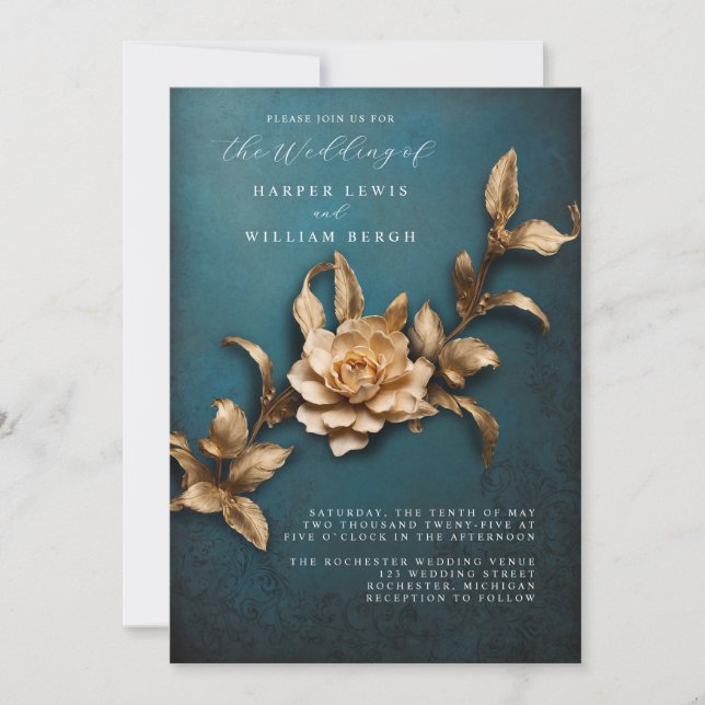 vintage 3d gold foliage qr code wedding invitation (Front)